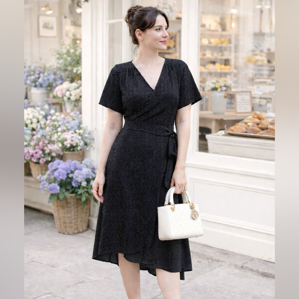 Halogen Black Polka Dot Flutter Sleeve Wrap Midi Dress XSP Parisian Chic Dainty